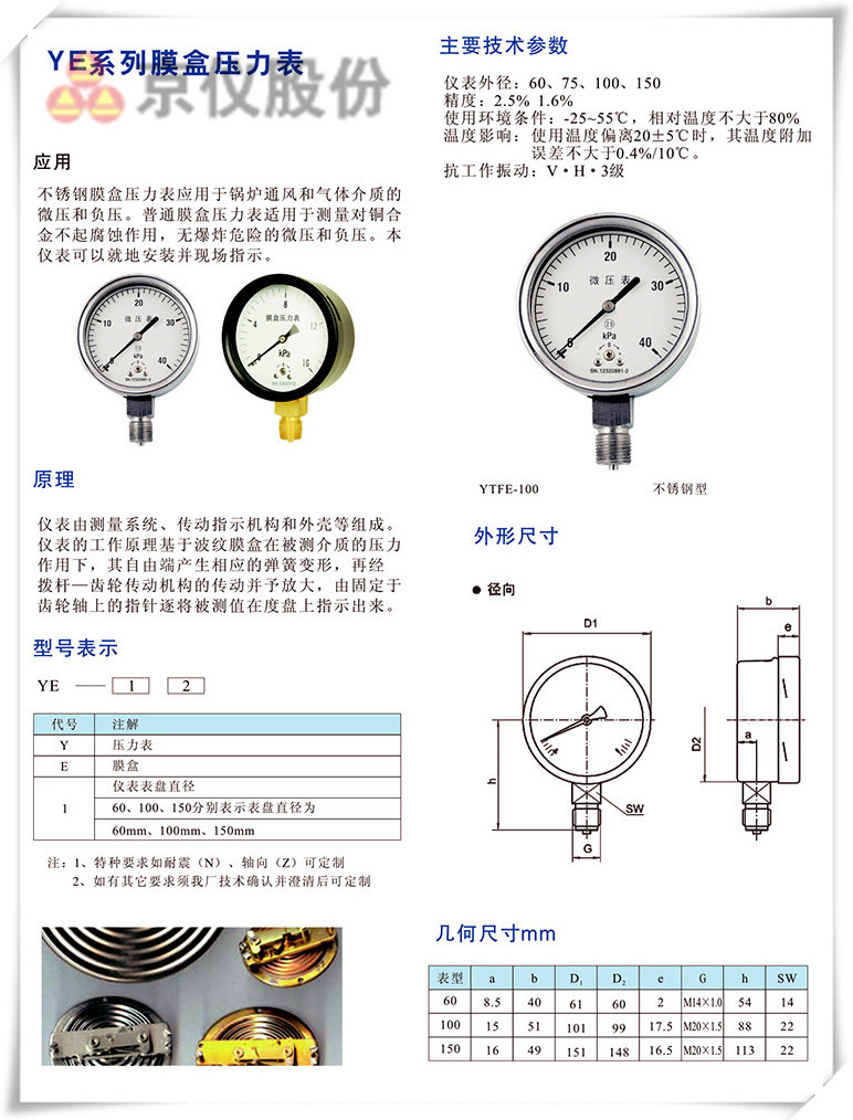 YE係列膜盒壓力表